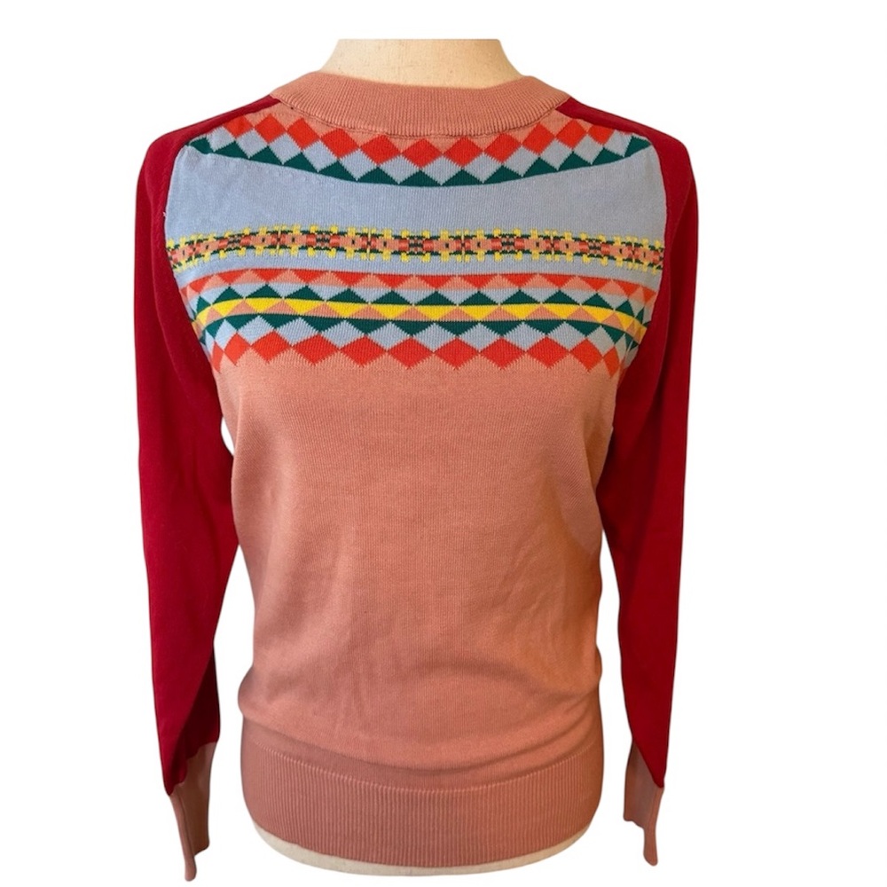 OXKnit Jacquard Fair Isle Yoke Sweater Vintage style Pink Red 100% Cotton Sz M - Picture 2 of 13